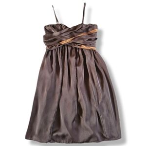 Satin Empire Waist A-line Dress Knee Length Gold Tie Belt Spaghetti Strap Party